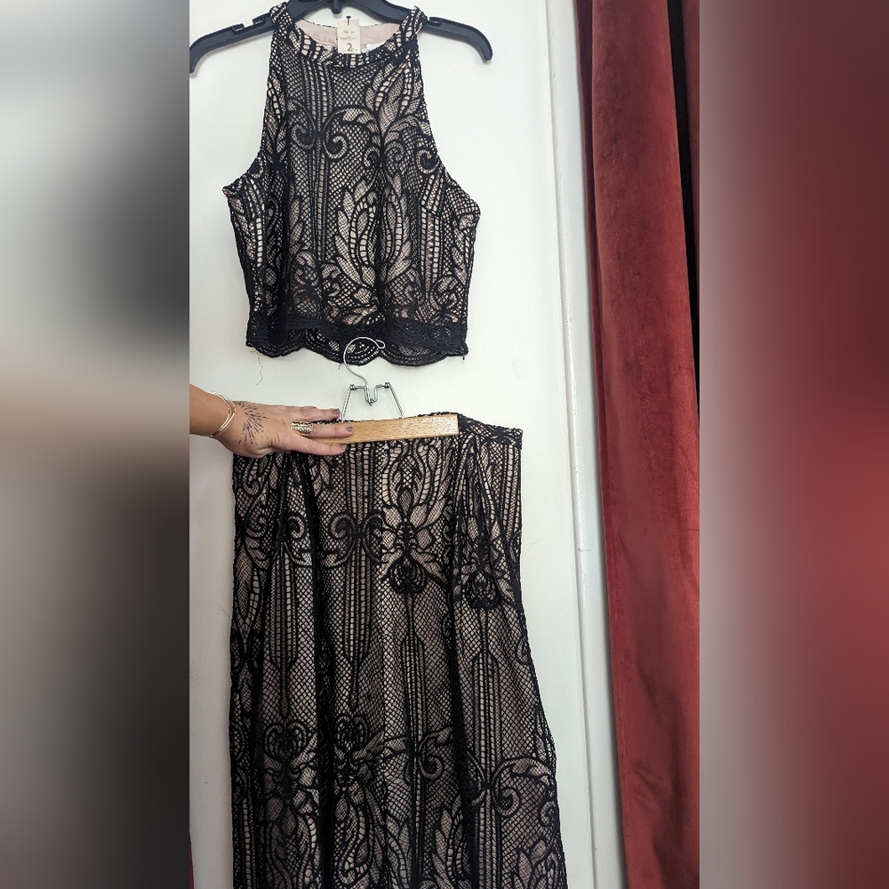 Francesca's Two Piece Black and Champagne Crop Top and Skirt size L